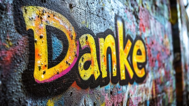 Colorful Danke graffiti card on a dark background representing a theme of gratitude