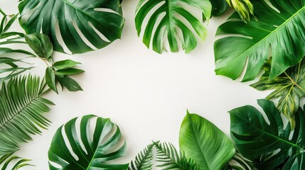 Fototapeta premium Close up of assorted fresh tropical leaves arranged on a white background Design template featuring a frame and ample space for text Top view flat lay