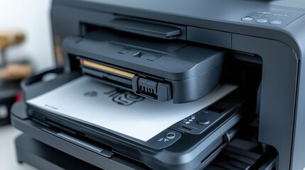 Close-up of a modern inkjet printer in operation, with a single sheet of paper being printed. The image focuses on the paper output, showing the printer's detailed control panel and mechanics.