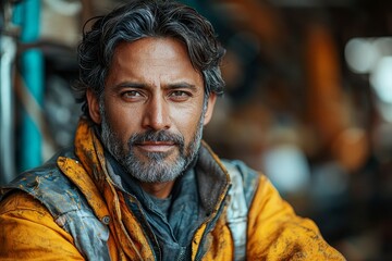 Fototapeta premium Portrait of a man in a weathered yellow jacket with deep focus