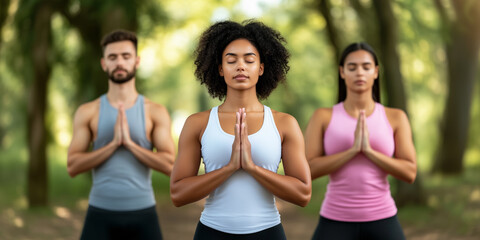 Fototapeta premium A diverse group of people standing in a quiet outdoor setting, eyes closed and hands in a prayer position, practicing meditation and mindfulness. The connection between well-being and nature.