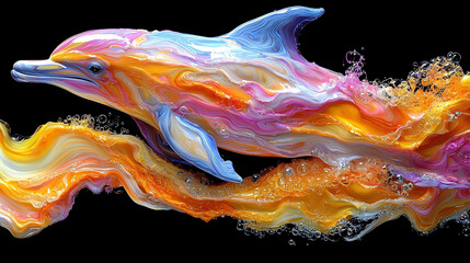surreal, colorful dolphin leaping from water with fractal-like neon effects