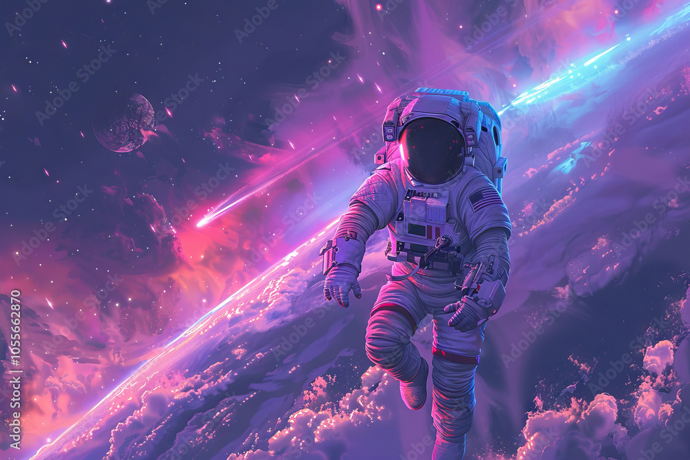 Wall mural astronaut amidst cosmic lights and clouds in space. generative ai image