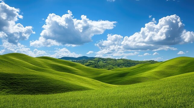 Vibrant green grass blankets rolling hills set against a clear blue sky dotted with fluffy white clouds creating a picturesque landscape