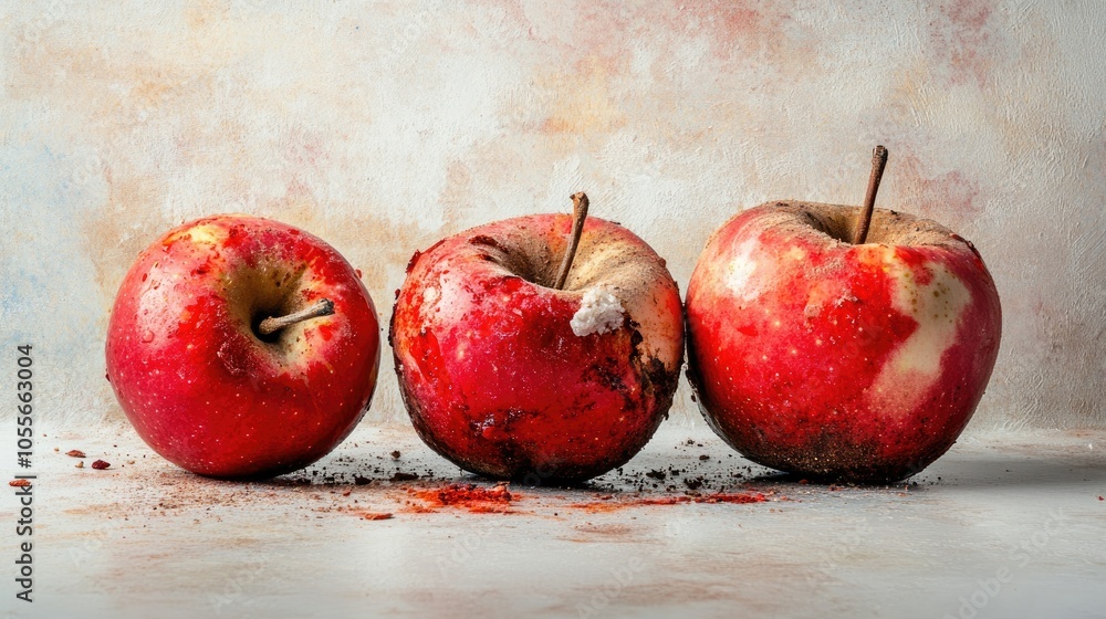 Poster fresh and decayed apples in contrast on a light background