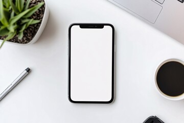 A modern smartphone rests on a minimalist table among coffee and foliage during a calm morning at home