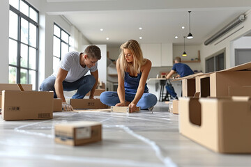 Young couple packing boxes during home relocation. Generative AI image