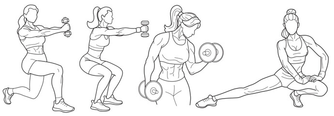 Set of line drawn silhouettes of people doing sports and fitness. Stylized graphic of a muscular women, set against a white background.