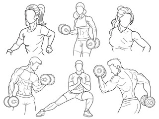 Set of line drawn silhouettes of people doing sports and fitness. Stylized graphic of a muscular men and women, set against a white background.