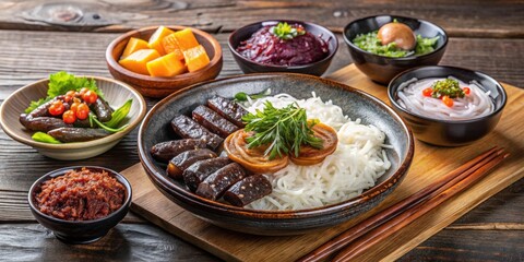 A delectable spread of Asian cuisine featuring noodles, pickled vegetables, and a variety of flavorful side dishes.