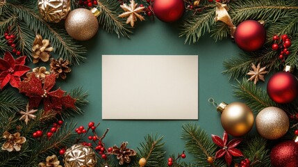 An empty postcard surrounded by Christmas decorations and ornaments viewed from above against a green background