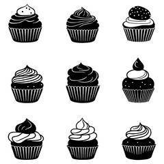 Cupcake Silhouette Set. Flat Vector Illustration