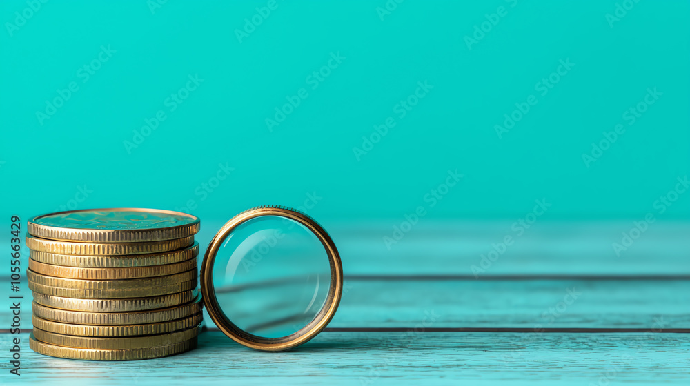 Poster stack of coins with a magnifying glass, emphasizing detailed assessment of cost and value in financi