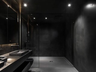 Sleek modern bathroom with black walls, a glass shower, and recessed lighting