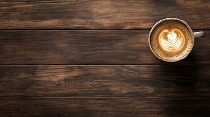 Cappuccino cup with latte art on a wooden table, with plenty of room for text