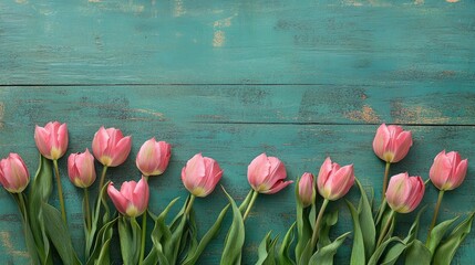 Tulip border with ample copy space Gorgeous arrangement of spring flowers featuring a bouquet of pink tulips on a textured green wooden backdrop