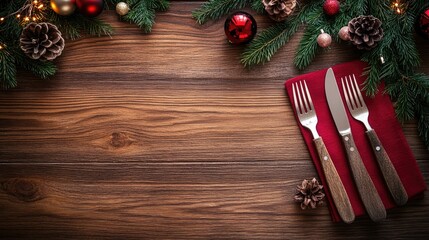 Empty wooden table set with knife and fork for Christmas viewed from above