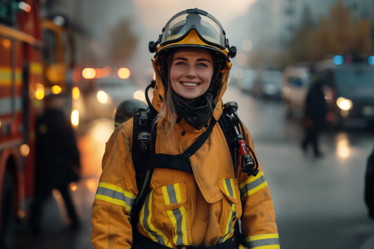 Female firefighter smiling in gear on a busy street. Generative AI image