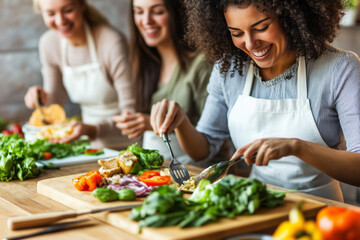 A group of friends gather around a wooden counter and prepare a colorful array of fresh vegetables. They share smiles and laughter, emphasizing friendship, the pleasure of cooking