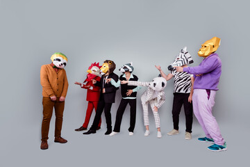 Full size photo of zebra gorilla raccoon lion panda rooster mask people point finger mock sloth...