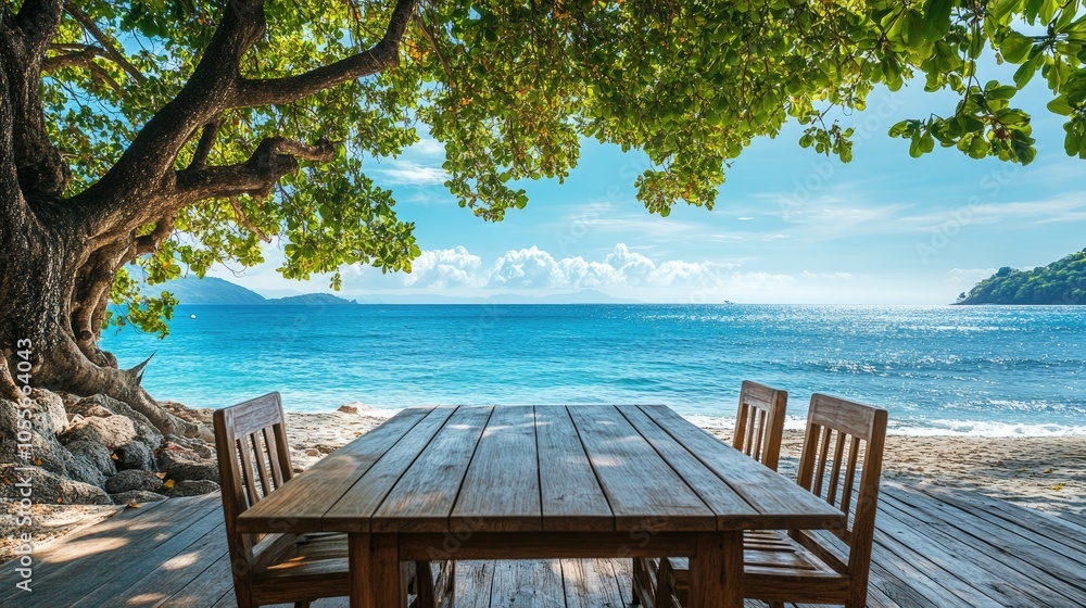 Aufkleber serene teak table with a scenic beach view for product display