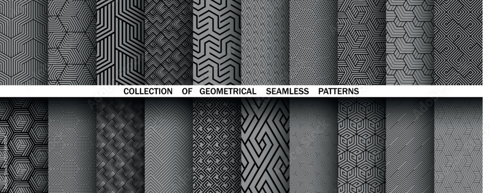 Poster geometric set of seamless black and gray patterns. simple vector graphics