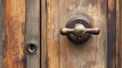 Obraz premium Antique wooden entrance door featuring an old door handle with selective focus
