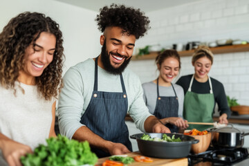 A diverse group of friends gathers in a cozy kitchen to cook and enjoy each other's company,surrounded by fresh ingredients and laughter, representing togetherness,culinary passion, and shared moments