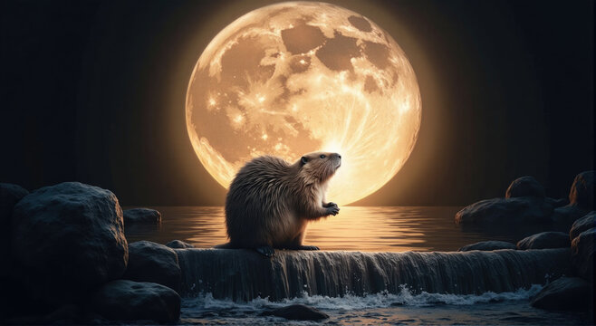 beaver moon - beaver in front of a huge moon in november