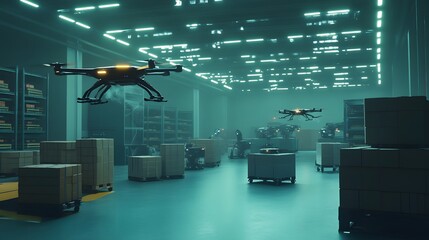 Futuristic Warehouse: Drones in Action 