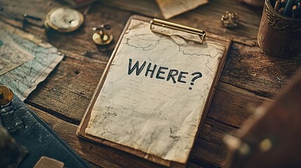 An aged clipboard shows WHERE? against the backdrop of vintage maps and tools on a rustic table, suggesting themes of adventure and exploration.