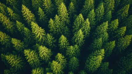 Fototapeta premium Aerial perspective of a vibrant dense pine forest