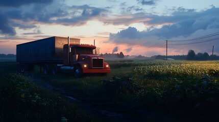 Obraz premium Red Truck on Country Road at Sunset 