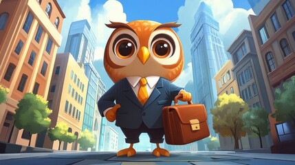 A business-oriented owl stands proudly in a tailored suit, holding a briefcase, as tall buildings tower in the background under a bright sky