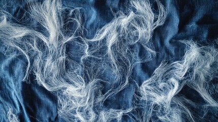 White fibers on blue fabric Vintage faded t shirt