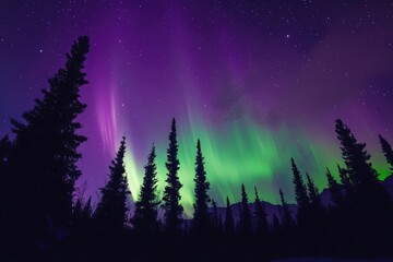 Naklejka premium Silhouetted Trees Against a Vibrant Northern Lights Display