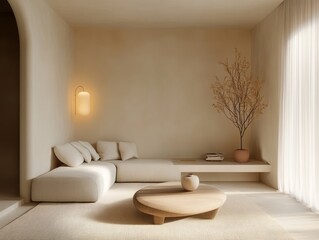 Soft beige walls, light furnishings, and cozy lighting in a minimalist winter living room, creating a warm and peaceful atmosphere