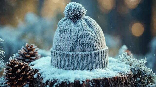 Mockup of a plain beanie hat on a snowy tree stump, surrounded by pinecones and frost, ideal for showcasing winter apparel designs. . Video