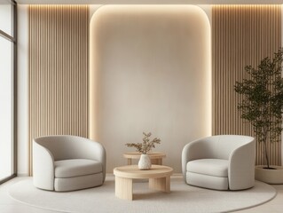 Soft beige walls, light gray seating, and simple wooden decor in a minimalist waiting room for a warm, modern feel