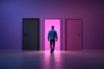Obraz premium A man walks towards a bright pink door, flanked by two darker doors, concept of decision making, mystery and exploration within a minimalist, color-rich environment.