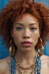 Portrait of Individual with Reddish-Brown Hair and Layered Jewelry