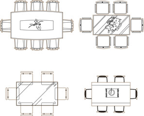 Vector sketch illustration silhouette design drawing of interior furniture sofa chair dining room table seen from above