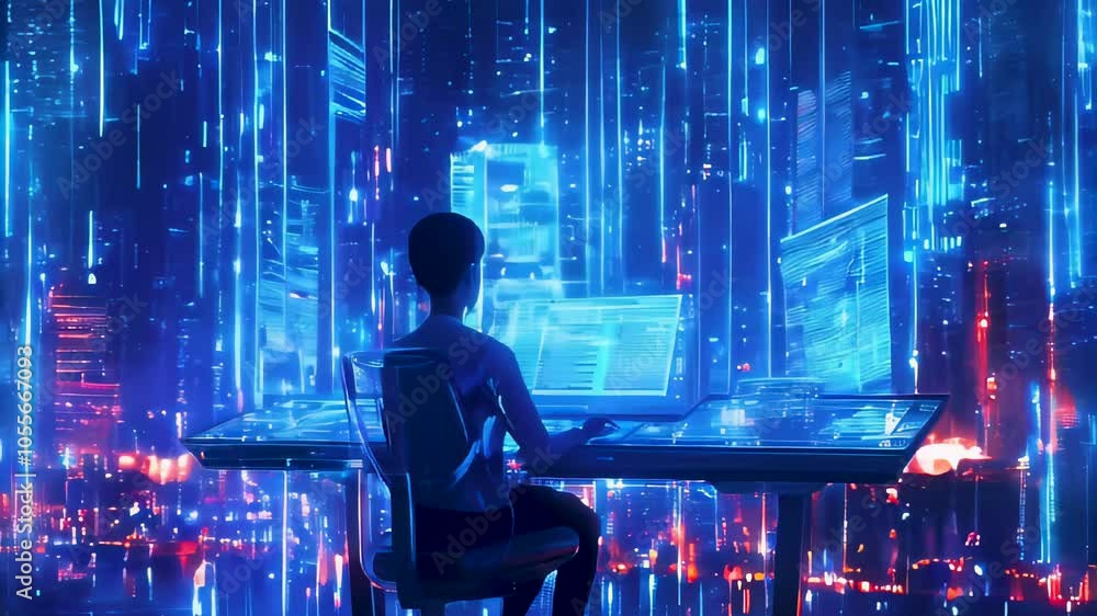 Poster it assignment using a futuristic holographic interface, immersed in a digital cityscape with vibrant