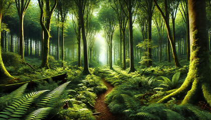 In a quiet and beautiful forest with sunlight filtering through the trees. A large forest with many trees and covered in moss.