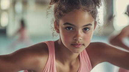 Graceful Teenage Ballerina with Medium Brown Skin Practicing Ballet in Studio with Focused Expression and Dynamic Composition