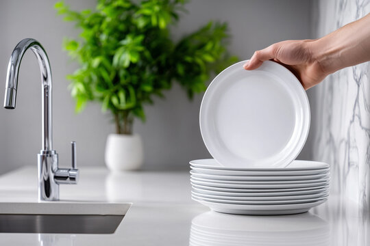 A neat stack of white plates sits next to a modern sink, with a hand placing another plate on top, symbolizing cleanliness and organization in a minimalist kitchen with green plant decor.