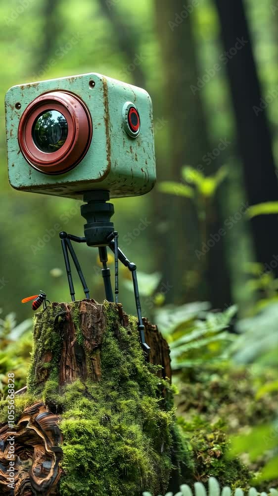 Poster robot intently observing an insect on a moss-covered tree stump in a vibrant forest setting