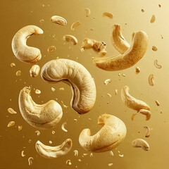 Cashew nuts and pieces flying on bronze background. Sample for design