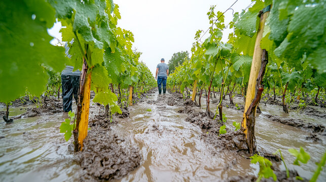 Flooded vineyard, excess moisture leads to harvest loss and low quality wine. Bad season