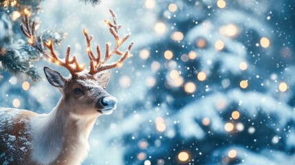 Close-Up of Reindeer in Snow with Festive Light Glow